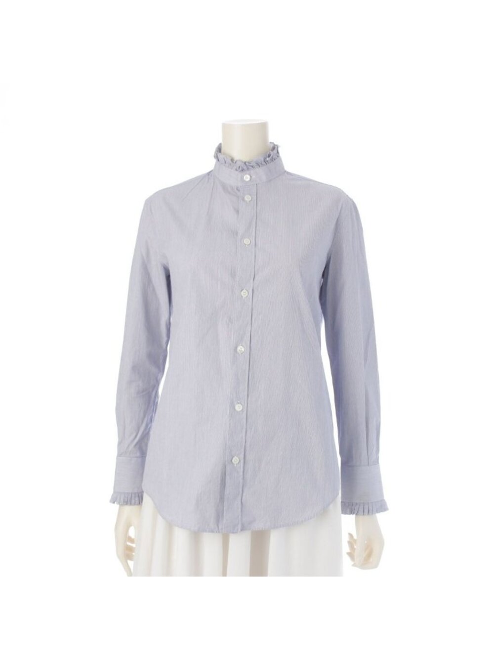Celine Cotton Ruffle Design Striped Long Sleeve Shirt Top Blue